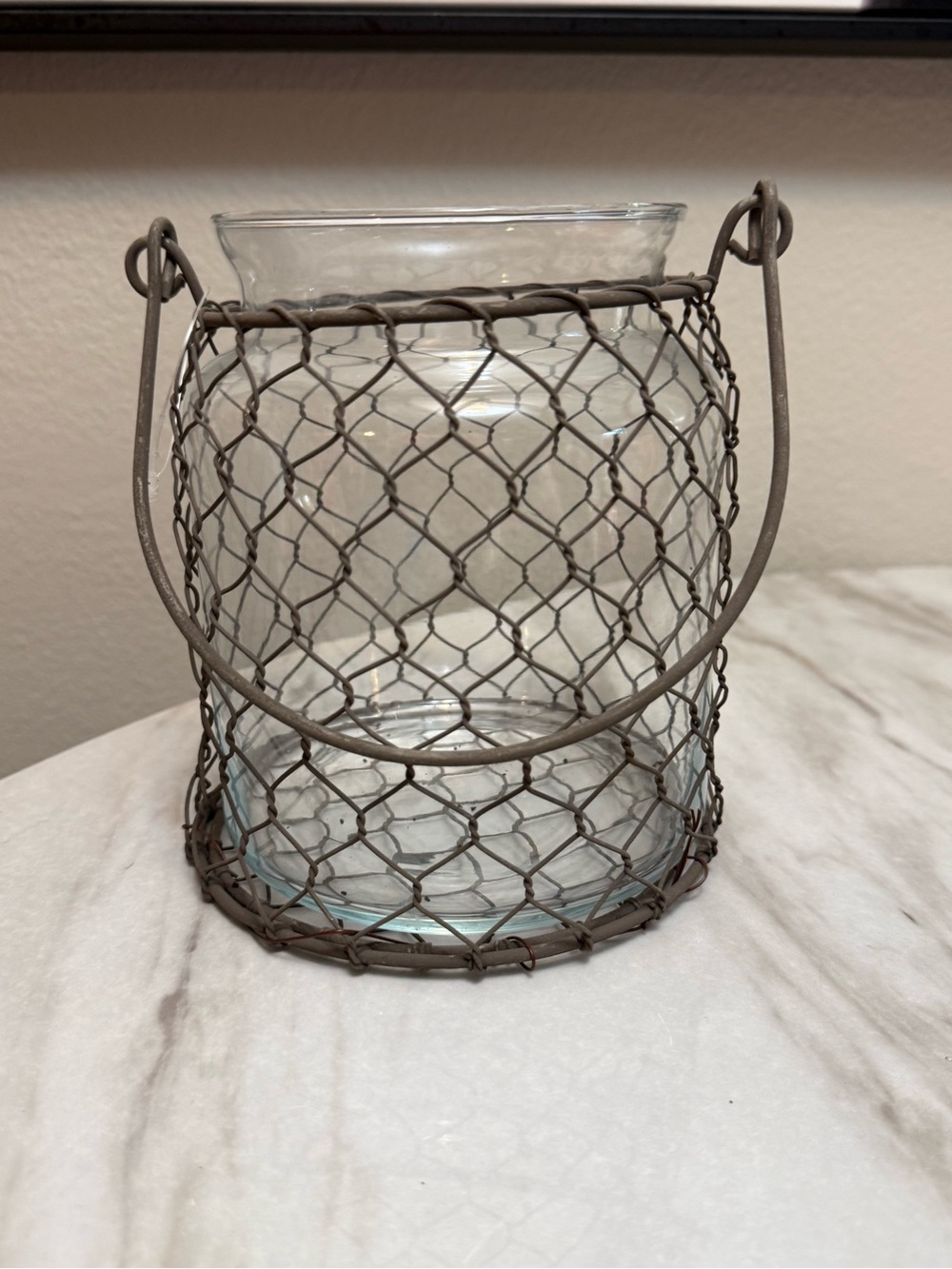 Clear Glass Candy Jar Gray Wire Basket Holder w/ Handle 16 oz Round 7" H